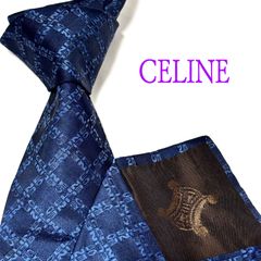 美品✨ セリーヌ  光沢  ネクタイ  CELINEロゴ  チェック  紺  ビジネス