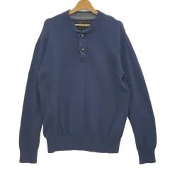 Eddie Bauer/エディーバウアー コットンニットセーター ヘンリーネック 長袖 オーバーサイズ ビッグシルエット バングラデシュ製 メンズ L ブルー