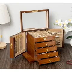☆木製 ジュエリーボックス 高級感 宝石箱 収納 鏡付き 5段収納 大容量 指輪 保管 携帯 小物入れ ジュエリーケース