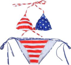 TOKYO GOODS MARKET Pure Ribbon Stars and Stripes Pattern Brazilian Bikini Swimsuit Triangle Bikini Women's Swimsuit (B, L)