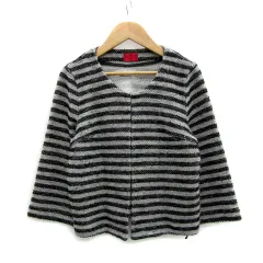 エル ELLE ノーカラージャケット 七分袖 ショート丈 ボーダー柄 ウール混 38 グレー /MS19 ■MO