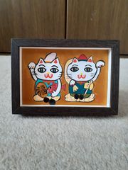 ハッピー招き猫　日本画金箔　額付(アンティーク)　F8号　画家　小楠アキコ作品 ハッピー招き猫日本画金箔額付(アンティーク)F8号画家小楠アキコ