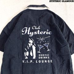 HYSTERIC GLAMOUR ボーリングシャツ ボウリングシャツ ワークシャツ オープンカラー 開襟 ワッペン 袖刺繍 バックプリント ヒスガール "Club Hysteric" ショートスリーブ 半袖 Mサイズ ブラック 黒 ヒステリックグラマー