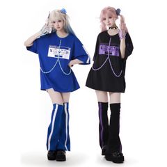 5点セットアップ⭐️  地雷系 ブルー Tシャツ セットアップ チェーン付き トップス 原宿系 サイバー系 量産型 韓国ファッション パンク系 Y2K 個性派 レディース コスプレ風　サイバー　サブカル　服　アニメ　夏　半袖