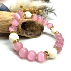 キャッツアイ(ピンク)×ホワイトオニキス パワーストーン ブレスレット  (ゴールド) メンズ・レディース　男性・女性　数珠ブレス 開運 [23]
