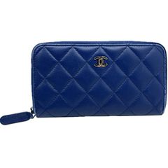 中古】CHANEL シャネル ミディアムウォレット 財布 ブルー ラムスキン  