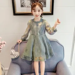 ☆ グレー ☆ 130cm ☆ 子供 ワンピース レース 春夏秋 kdress6059 ワンピース こども 女の子 長袖 ミニワンピース レース 裾フリル Aライン チュニック かわいい 総レース 優雅 子供服 キッズ ハロウィン 仮装 おしゃれ