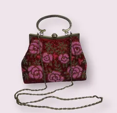 昭和レトロ 総ビーズ刺繍 がま口 バッグ 2wayショルダーバッグ 手刺繍 蔷薇柄 和装