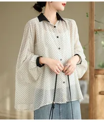 シアーシャツ  レディース 長袖 UVカット シースルーシャツ  シアーブルゾン 透け感 シャツ  羽織り ドット柄 水玉 ゆったり 大きいサイズ  透け感 ボリューム袖 シンプル mslf01