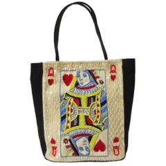 良品 Anya Hindmarch アニヤハインドマーチ トランプ柄 キャンバス サテン ビーズ刺繍 ポーチ ミニバッグ ベージュ×ブラック レディース 古着 中古 USED