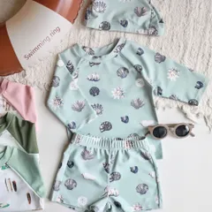 ☆ カイガラ ☆ 90cm ☆ ベビー キッズ 水着 セパレート 帽子付き UVカット 水着 セパレート 帽子 ベビー キッズ スイムパンツ 長袖 ラッシュガード パンツ 子ども用水着 子供用水着 スイムウェア UVカット 帽子付き セット ぼうし
