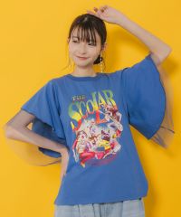 ScoLar（スカラー）ネコ×ロック柄 メッシュ切替Tシャツ　アイボリー、ブラック、ブルー　152664