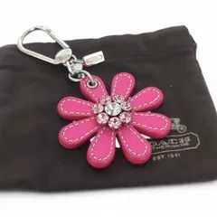 美品 COACH コーチ バッグチャーム キーホルダー 花 ピンク チャーム レザー ラインストーン