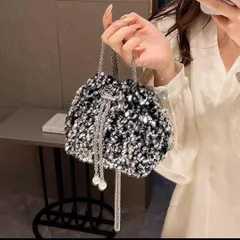 巾着パーティバッグ ショルダー スパンコール キラキラ 結婚式 お呼ばれシルバー