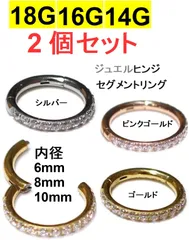 2個セット 18G 16G 14G  クリアジュエル付き ヒンジ セグメントリング クリッカー サージカルステンレス リング ピアス シルバー ゴールド ピンクゴールド