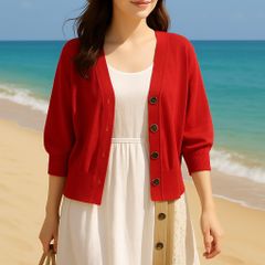 ＼差し色にぴったりな大人レッド♥／ ジュエルチェンジズ＊七分袖ニットカーディガン＊Mサイズ相当＊春夏～秋服✨
