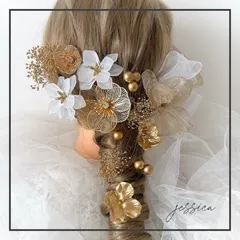 金箔付ヘッドドレス❤︎ゴールドペタル×ホワイト×リボン　成人式髪飾り卒業式成人式