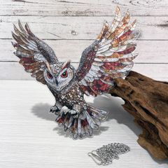 【フクロウ No.2】サンキャッチャー風アクリルオーナメント｜吊り下げ式ステンドグラス風インテリア／窓・壁装飾◎
