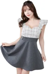 COCO&YUKA(ココアンドユカ) キャバドレス ミニ ワンピース ツイード フレア スカート かわいい フリル タイト オフショルダー パーティ 半袖 パット付き フェミニン ロリータ風( グレー,  M)