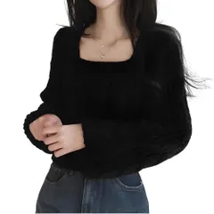 [レグエイト] ニット セーター レディース スクエアネック ショート丈 トップス ケーブル編み クロップド丈 長袖 プルオーバー 秋 冬 春 グレー ブラック (JP, アルファベット, L, ブラック) [ブラック] [L]