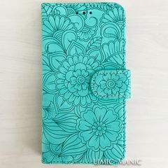 iPhone SE (第2/第3世代) SE2 SE3 8 7 ケース スマホ 手帳型 カードケース エメラルド グリーン 全面 花模様 エンボス加工 アイフォン