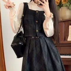 【新品】レトロガーリー♡チェック柄コーデセットアップ レディース ワンピース ジレ スカート 着痩せ 大人可愛い おしゃれ おすすめ M L　E1532