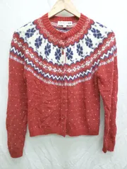 ◇ ⊇ UNIQLO ユニクロ 総柄 長袖 ニット カーディガン サイズM レッド ホワイト系 マルチ レディース P  【1407100015276】