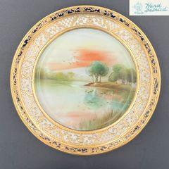 【希少】初期オールドノリタケ プレート アンティーク 湖畔風景 金盛り 1910年代頃 里帰り M004