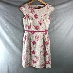 トッカ TOCCA ワンピース フレンチスリーブ 花柄 刺繍 リボン フレア 綿 裏地付き 日本製 ピンク ベージュ系 0サイズ 948498