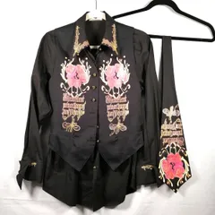 美品 VIVAYOU 長袖シャツ ベスト ネクタイ セット size M ヴィンテージ 重ね着 バラ 薔薇柄 ブラック ビバユーのサムネイル