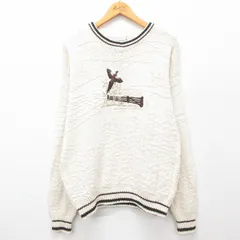 M/古着 長袖 セーター メンズ 90s 鳥 刺繍 コットン クルーネック 白 ホワイト 24sep26 中古 ニット トップス