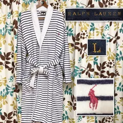 ■希少■Ralph Lauren ラルフローレン　ガウン　バスローブ　ポニー刺しゅう　ボーダー柄　sizeL ベルト紐　メンズ　ホワイト×ネイビー　コットン100% 市田株式会社製