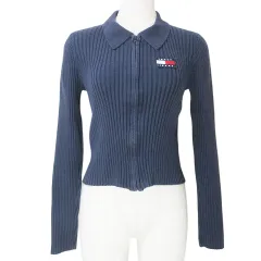 トミーヒルフィガー TOMMY HILFIGER ジーンズ JEANS ジップアップカーディガン リブニット 長袖 ワッペン M 紺 ネイビー X