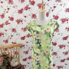 MADE IN ITALY イタリア製 グリーン フラワープリント ワンピース 半袖 ナチュラル フェミニン 花柄 ミディ丈 リネン風素材 ポケット付き レトロヴィンテージ