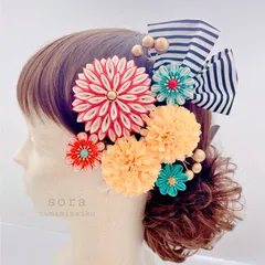 つまみ細工髪飾り【レトロモダン/大正ロマン】オレンジ　成人式　和装　着物　七五三　卒業式　かんざし