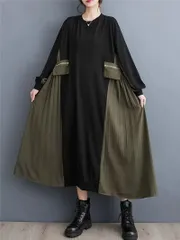 シックな長袖マキシドレス（女性用）- カジュアルプリーツAライン、レイヤードディテール、ラウンドネック、ソフトブレンド、洗濯機可 - 春、秋、冬に最適、ボディカバー、着替え可能