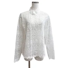 レディース　ハイネック　レーストップス　長袖　プルオーバーブラウス　総レース　ホワイト　白　M