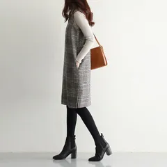 ★ワンピース ジャンパースカート ノースリーブワンピース グレンチェック Vネック  チェック柄 秋冬春 レディース マタニティーウェア 事務ウェア 重ね着