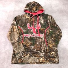 REALTREE ビビットカラー シカ シルエット ロゴ 刺繍 ライン リアルツリーカモ パーカー フーディ カモフラ柄 迷彩柄 総柄 ミリタリー 古着 USED Vintage ヴィンテージ レディース