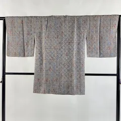 【美品】 道行 身丈89cm 裄丈64cm M 和装コート 角衿 斜め格子 孔雀 青灰色 正絹 秀品 【中古】