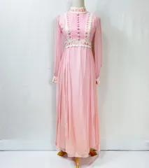 50s 60s USA製 ハイネック ハシゴレース 長袖 袖シースルー ロング丈 ワンピース ドレス   ヴィンテージ ビンテージ レトロ 結婚式 ウエディング 二次会 2次会 演奏会 発表会 パーティー レディース 輸入古着 ピンク 【S51-403b】