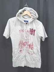 ◇ ⊂ Purple&Yellow パープル&イエロー イラスト 半袖 ジップアップ パーカー サイズM グレー メンズ E  【1503040001666】