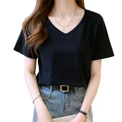 【数量限定】[Ｄｒａｗｙｕｍｅ] Tシャツ レディース 半袖 トップス 春夏 Vネック tシャツ 綿100% 無地 カットソー おしゃれ 通気性 薄手 ショート丈 シンプル カジュアル 仕事 通勤 バイト きれいめ M～XL（黒・白）
