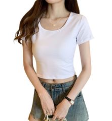 【特価商品】無地 丸首 ちびT クロップド Tシャツ トップス Tシャツ 半袖 シンプル カットソー ダンス レディース へそ出し 着痩せ ショート丈 半袖シャツ SEYIXU