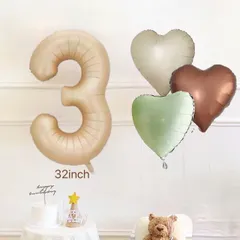 数字　くすみカラー【 ナンバーバルーン ＆ ハート型 風船 ３個セット 】 誕生日 飾り　１歳　2歳　３歳　４歳　100日祝い　記念日　パーティー　おうちフォト　HAPPY BIRTHDAY　インスタ　くすみカラー　韓国風