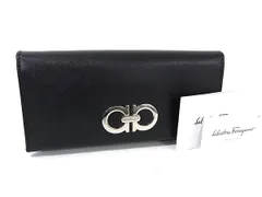 ■極美品■ Salvatore Ferragamo フェラガモ ダブルガンチーニ レザー 二つ折り 長財布 ウォレット 札入れ ブラック系 FU2106