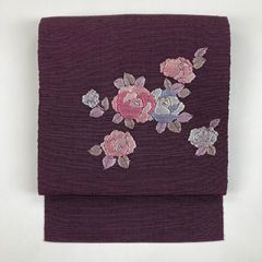 リユース帯 名古屋帯 紫 カジュアル 八重咲椿 松葉仕立て 未洗い MS995