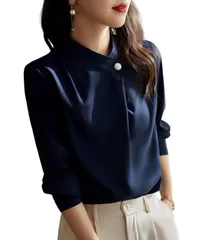 [Four leaf] シフォン シャツ レディース 長袖 おしゃれ ブラウス トップス スタンドカラー きれいめ 上品 オフィス カジュアル M-2XL (JP, アルファベット, XL, ネイビー) [ネイビー] [XL]