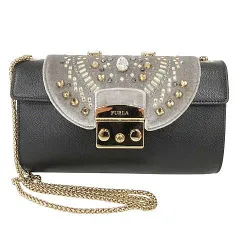 フルラ FURLA メトロポリス チェーン ショルダーバッグ 2WAY クラッチバッグ 替えフラップ ビジュー レザー 黒 ブラック ■GY14