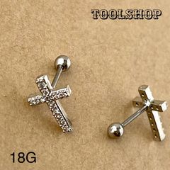 152：ストレートバーベル 【十字架】 クロス ボディピアス 18Ｇ ジルコン ストーン 金属アレルギー対応 ステンレス キラキラ